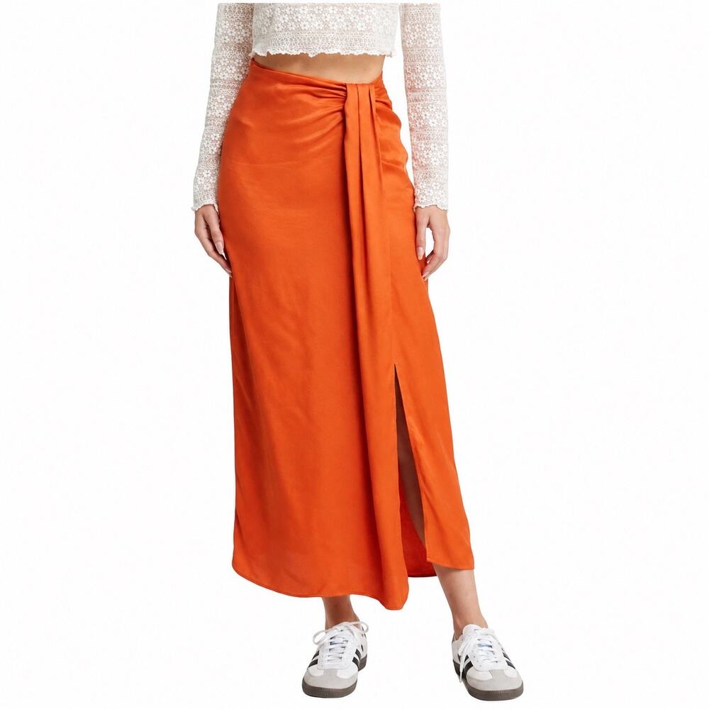 Topshop Orange Satin Wrap Maxi Skirt Side Slit Resort Size 4